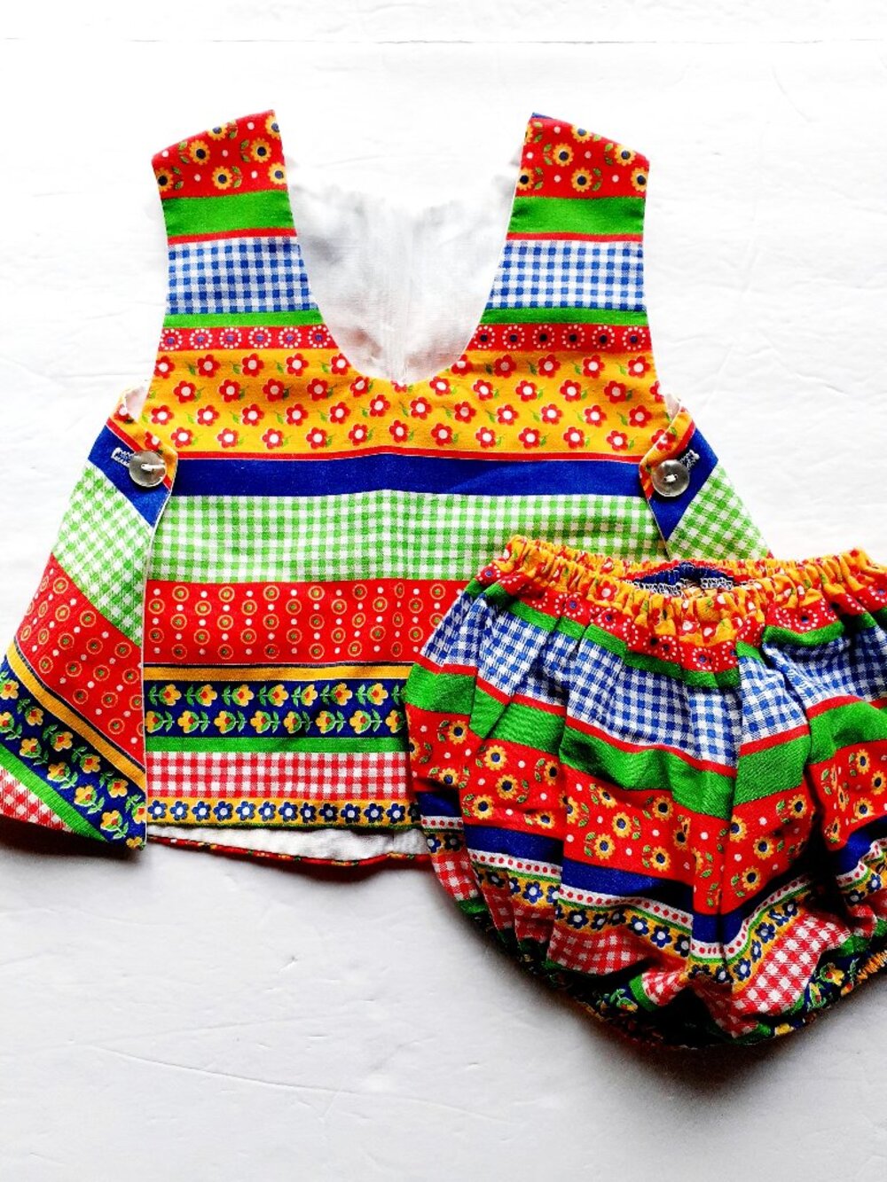 Vintage 70s Girls Dress Patchwork Pinafore Floral Plaid Sleeveless 9-12 Months